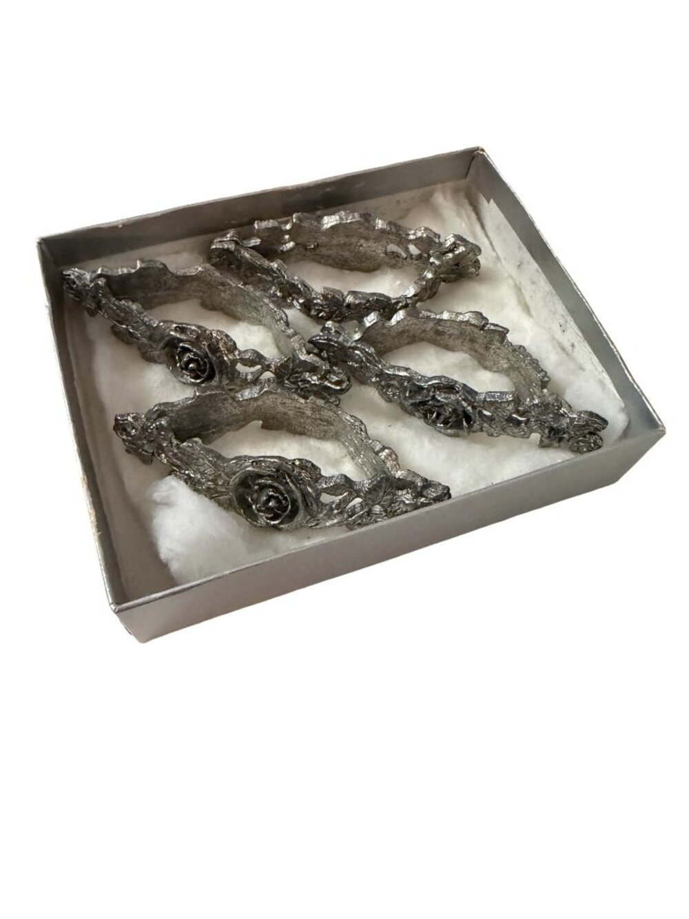 1987 Designs by Metzke Pewter Rose Napkin Rings Set of 4 Original Box